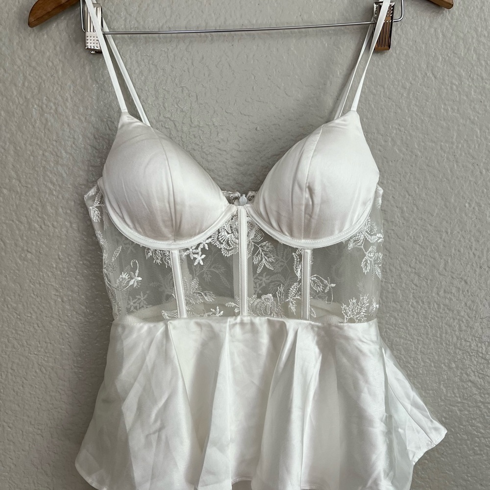 Iconic Adoration White Satin Peplum Sheer Bustier Maxi Dress - Picture 4 of 12